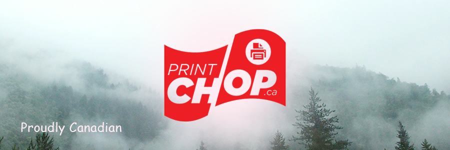 Print Chop Logo on top of a wilderness background.